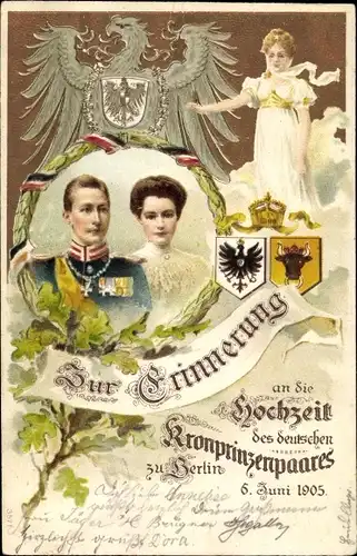 Wappen Ak Hochzeit d. Kronprinzenpaares 1905, Kronprinz Wilhelm von Preußen, Kronprinzessin Cecilie