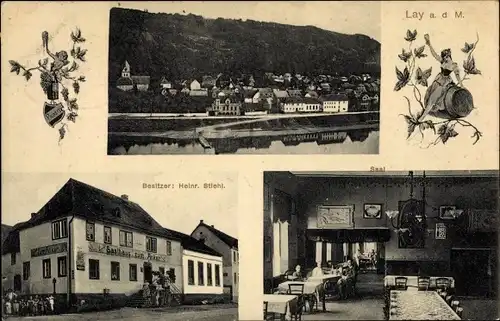 Ak Lay an der Mosel Koblenz, Gasthaus zum Anker, Innenansicht, Blick auf den Ort