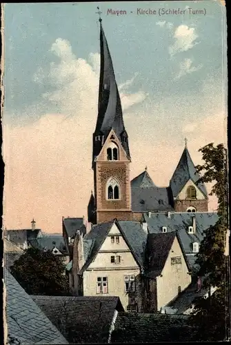 Ak Mayen in der Eifel, Kirche, schiefer Turm