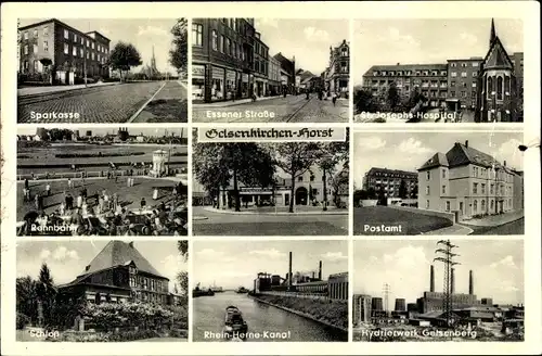 Ak Horst Gelsenkirchen im Ruhrgebiet, Postamt, Hydrierwerk, Schloss, Rennbahn, Essener Straße