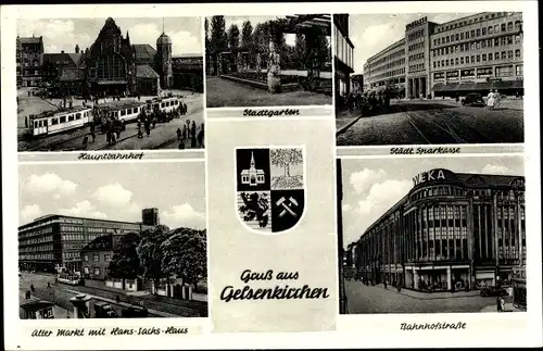 Wappen Ak Gelsenkirchen, Hauptbahnhof, Sparkasse, Hans Sachs Haus, Stadtgarten