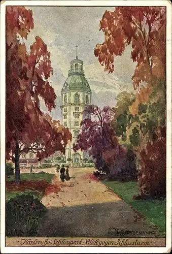Künstler Ak Weilkdennant, K., Karlsruhe in Baden, Schlosspark, Blick gegen Schlossturm