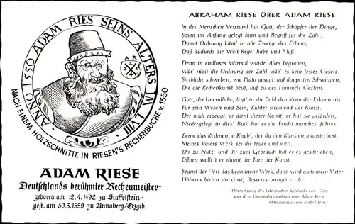 Künstler Ak Rechenmeister Adam Riese, Holzschnitt 1550, Abraham Riese