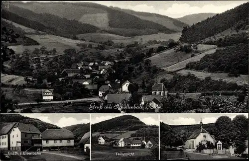 Ak Schöllenbach Oberzent im Odenwald, Ort mit Umgebung, Kirche, Gasthof z. Eisenbahn