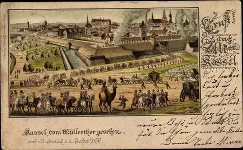 Litho Kassel in Hessen, Ort a. d. Jahre 1596 vom Müllertor aus gesehen