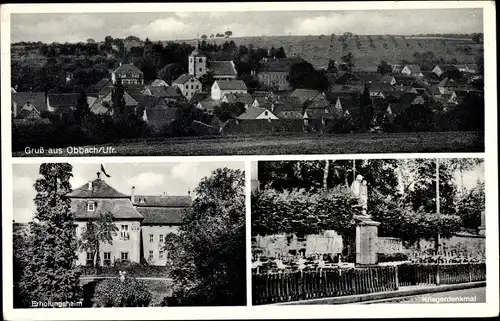 Ak Obbach Euerbach in Unterfranken, Kriegerdenkmal, Erholungsheim, Blick auf den Ort