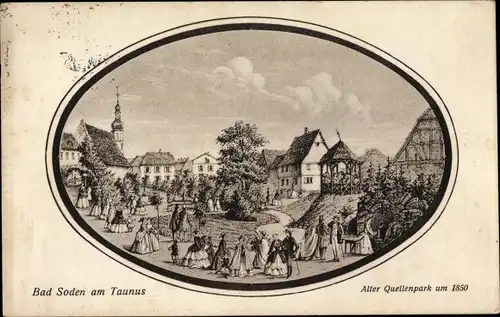 Passepartout Ak Bad Soden am Taunus Hessen, Quellenpark um 1850, Passanten, Kirche, Pavillon