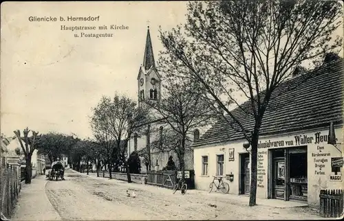 Ak Glienicke Nordbahn bei Hermsdorf in Brandenburg, Hauptstraße, Kirche, Kolonialwarenhandlung