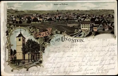 Litho Ungstein Bad Dürkheim am Pfälzerwald, Totalansicht der Ortschaft, Kirche