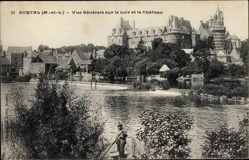 Ak Durtal Maine et Loire, vue générale du Château et du Loir, Flusspartie