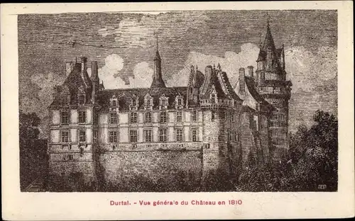 Ak Durtal Maine et Loire, vue générale du Château en 1810
