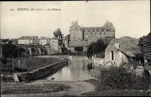 Ak Durtal Maine et Loire, Château, Brücke, Flusspartie