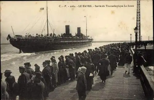 Ak Le Havre Seine Maritime, Sortie du Transatlantique La Savoie, French Line