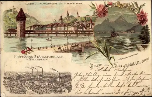 Litho Luzern Stadt Schweiz, Kappelbrücke, Wasserturm, Hoffmann's Stärkefabriken Salzuflen