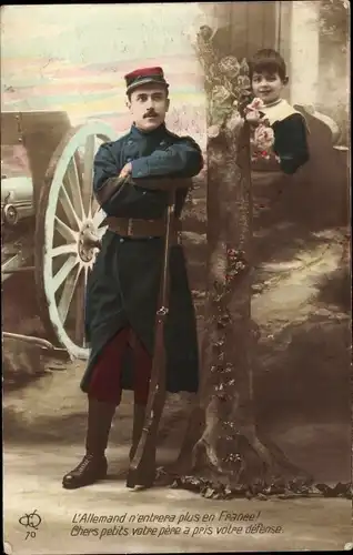 Ak L'Allemand n'entrera plus en France, französischer Soldat in Uniform, Junge
