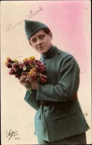 Ak Glückwunsch Neujahr, Französischer Soldat in Uniform mit Blumen