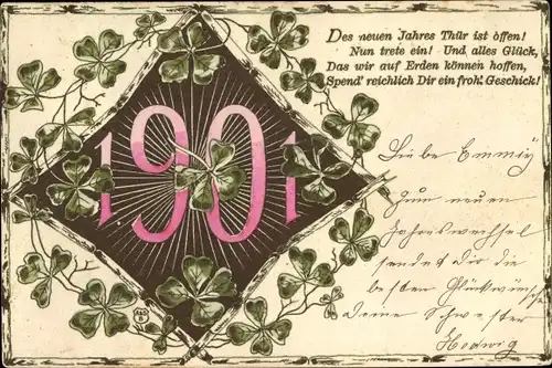 Litho Glückwunsch Neujahr, Jahreszahl 1901, Kleeblätter