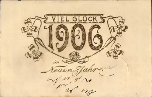 Präge Litho Glückwunsch Neujahr, Jahreszahl 1906, Kleeblätter