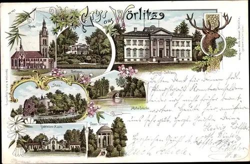 Litho Oranienbaum Wörlitz im Kreis Wittenberg, Kirche, Schloss, Gothisches Haus, Venustempel