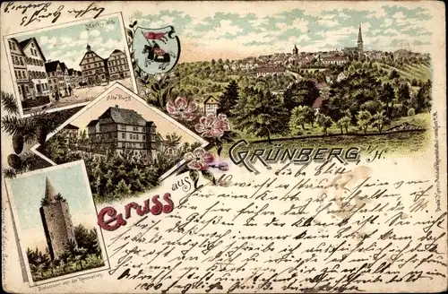 Litho Grünberg in Hessen, Marktplatz, Alte Burg, Diebsturm, Panorama, Wappen