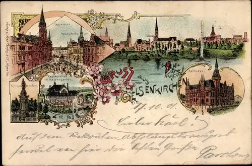 Litho Gelsenkirchen im Ruhrgebiet, Neumarkt, Postamt, Kriegerdenkmal, Rathaus, Restauration