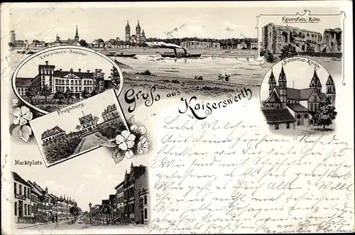 Litho Kaiserswerth Düsseldorf am Rhein, Kaiserpfalz, Lehrerinnenseminar, Marktplatz, Kirche