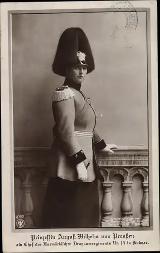 Ak Prinzessin August Wilhelm von Preußen in Uniform, Chef d. Kurmärk. Dragoner Regt Nr 14 Kolmar