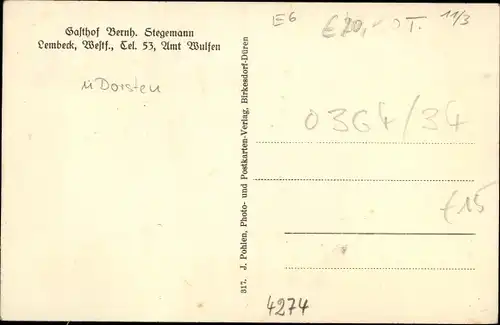 Ak Lembeck Dorsten in Westfalen, Schloss Lembeck, Gasthaus Stegemann