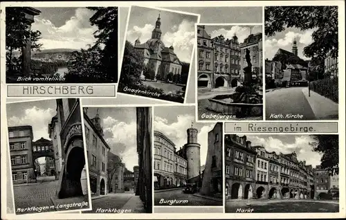 Ak Jelenia Góra Hirschberg Riesengebirge Schlesien, Gabeljürgen, Burgturm, Kirche, Markt, Langstraße