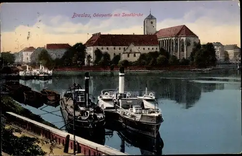 Ak Wrocław Breslau Schlesien, Oderpartie mit Sandkirche, Dampfer