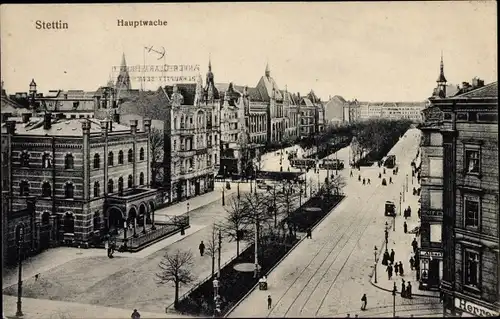 Ak Szczecin Stettin Pommern, Hauptwache, Straßenpartie