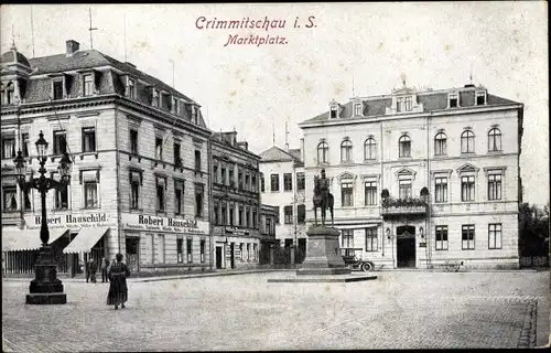 Ak Crimmitschau in Sachsen, Marktplatz, Denkmal, Geschäft Robert Hauschild