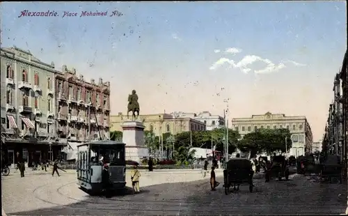 Ak Alexandria Ägypten, Place Mohamed Aly, Straßenbahn