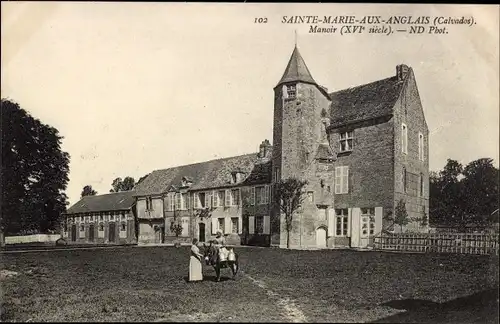 Ak Sainte Marie aux Anglais Calvados, Manoir, XVIe siecle, Esel mit Milchkannen