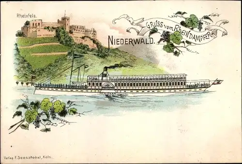 Litho Sankt Goar am Rhein, Burg Rheinfels, Salondampfer Niederwald, Rheindampfer