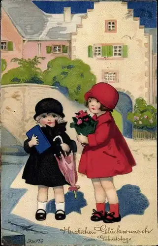 Ak Baumgarten, Fritz, Glückwunsch Geburtstag, Mädchen mit Blumenstrauß und Schirm