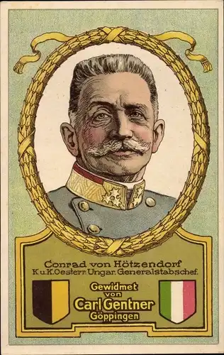 Ak Conrad von Hötzendorf, KuK Generalstabschef, Portrait, Reklame, chem. Fabrik Carl Gentner