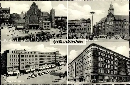Ak Gelsenkirchen im Ruhrgebiet, Hauptpost, Hans Sachs Haus, Städt. Sparkasse, Hauptbahnhof