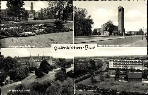 Ak Buer Gelsenkirchen im Ruhrgebiet, Maria Himmelfahrt Kirche, Städt. Altersheim, Anlagen Rathaus