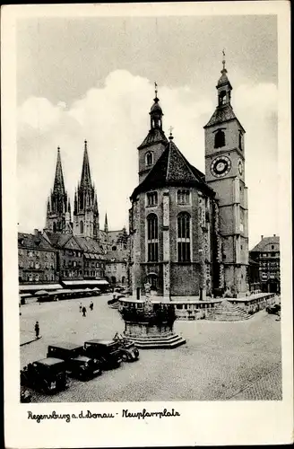Ak Regensburg an der Donau Oberpfalz, Neupfarrplatz, Kirche, Autos, Denkmal