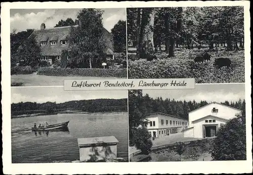 Ak Bendestorf am Kleckerwald in Niedersachsen, Reetdachhaus, Bootspartie, Gasthaus, Gebäude, Wald