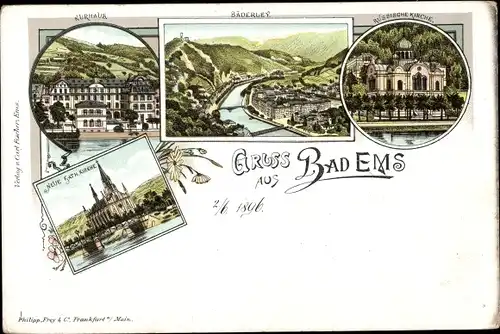 Litho Bad Ems an der Lahn, Kurhaus, Bäderley, Russische Kirche, Kath. Kirche