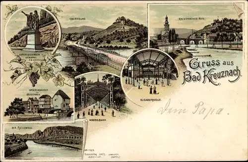 Litho Bad Kreuznach in Rheinland Pfalz, Wandelbahn, Elisabethquelle, Rothenfels, Denkmal, Burg