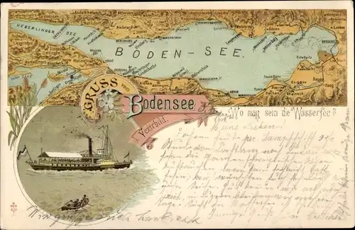 Landkarten Litho Bodensee, Panorama, Überlinger See, Salondampfer, Vexirbild