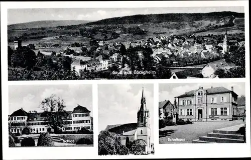 Ak Bödigheim Buchen im Odenwald Baden, Gesamtansicht, Schloss, Kirche, Schule