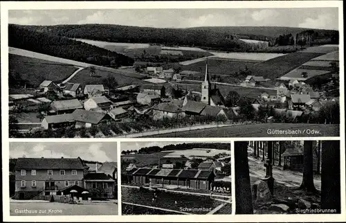 Ak Güttersbach Mossautal im Odenwald Hessen, Totale, Gasthof zur Krone, Schwimmbad, Siegfriedbrunnen