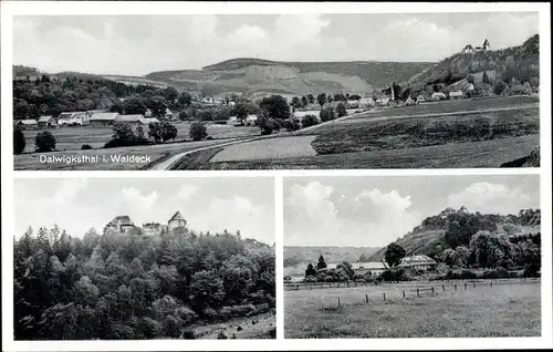 Ak Dalwigksthal Lichtenfels Hessen, Panorama, Schloss, Gasthof zur Waldeckschen Schweiz