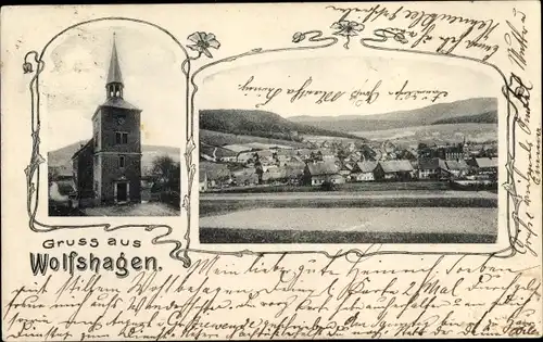 Ak Wolfshagen Langelsheim am Harz, Kirche, Blick auf den Ort