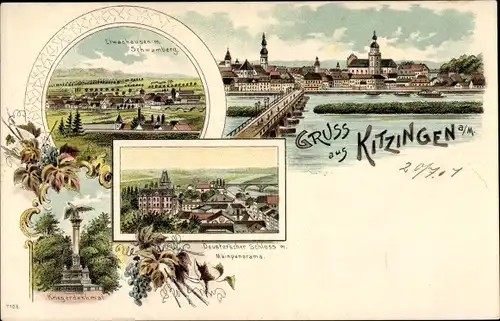 Litho Kitzingen in Mainfranken Bayern, Deutscher'sches Schloss, Kriegerdenkmal, Schwamberg