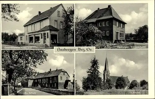 Ak Hasbergen in Niedersachsen, Evangelische Kirche und Schule, Geschäftshaus, Kreissparkasse